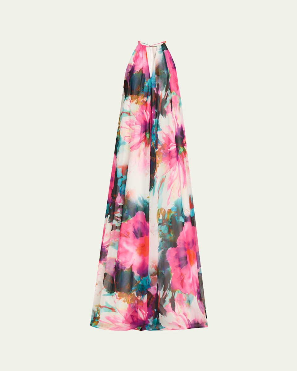 Cutout Floral-Print Trapeze Gown